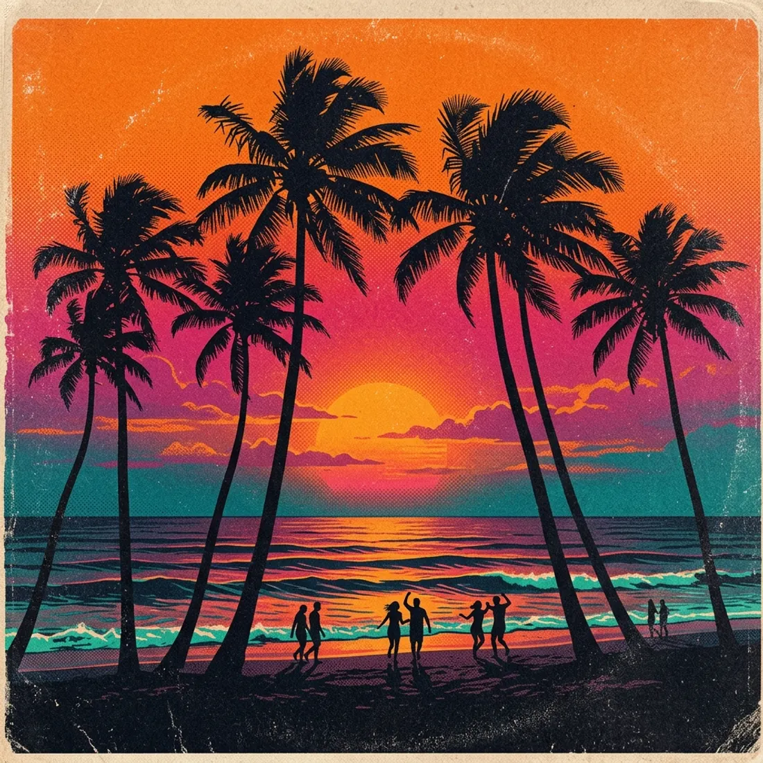 Retro album cover art: a big striped sunset behind palm tree silhouettes in orange, magenta and teal.