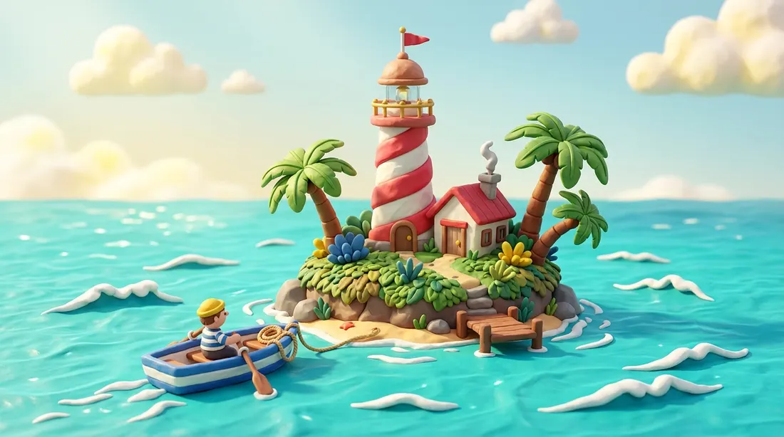 A tiny clay-style island in the sea with a red and white candy-striped lighthouse.