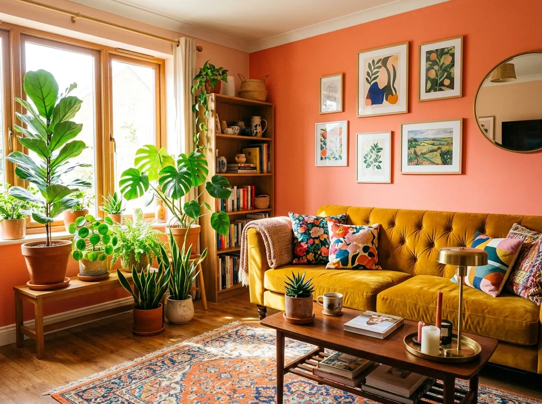 A coral-colored living room with a mustard velvet sofa and green plants.