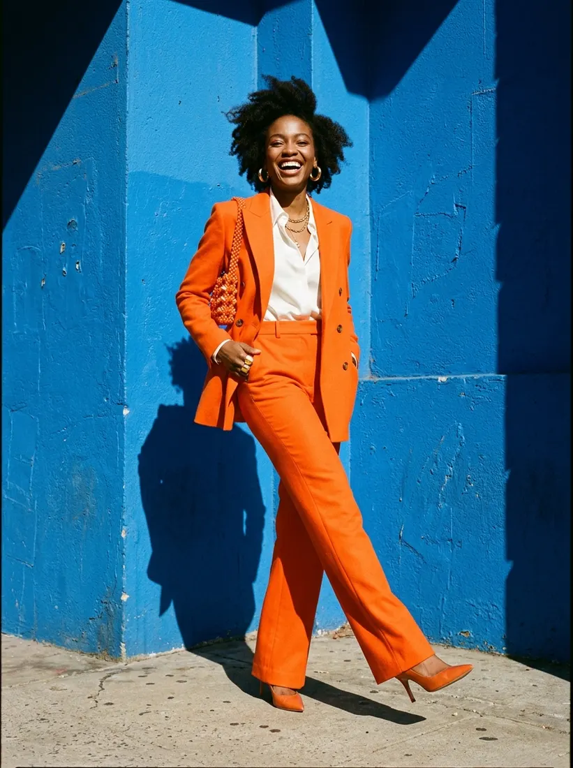 A smiling model in a bright orange suit standing against a cobalt blue wall.