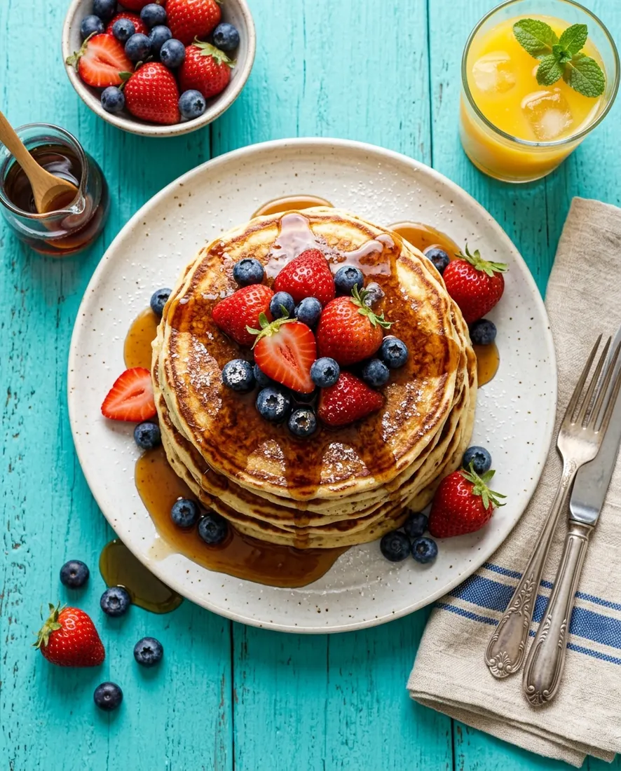 A stack of pancakes topped with berries on a turquoise table, seen from above.