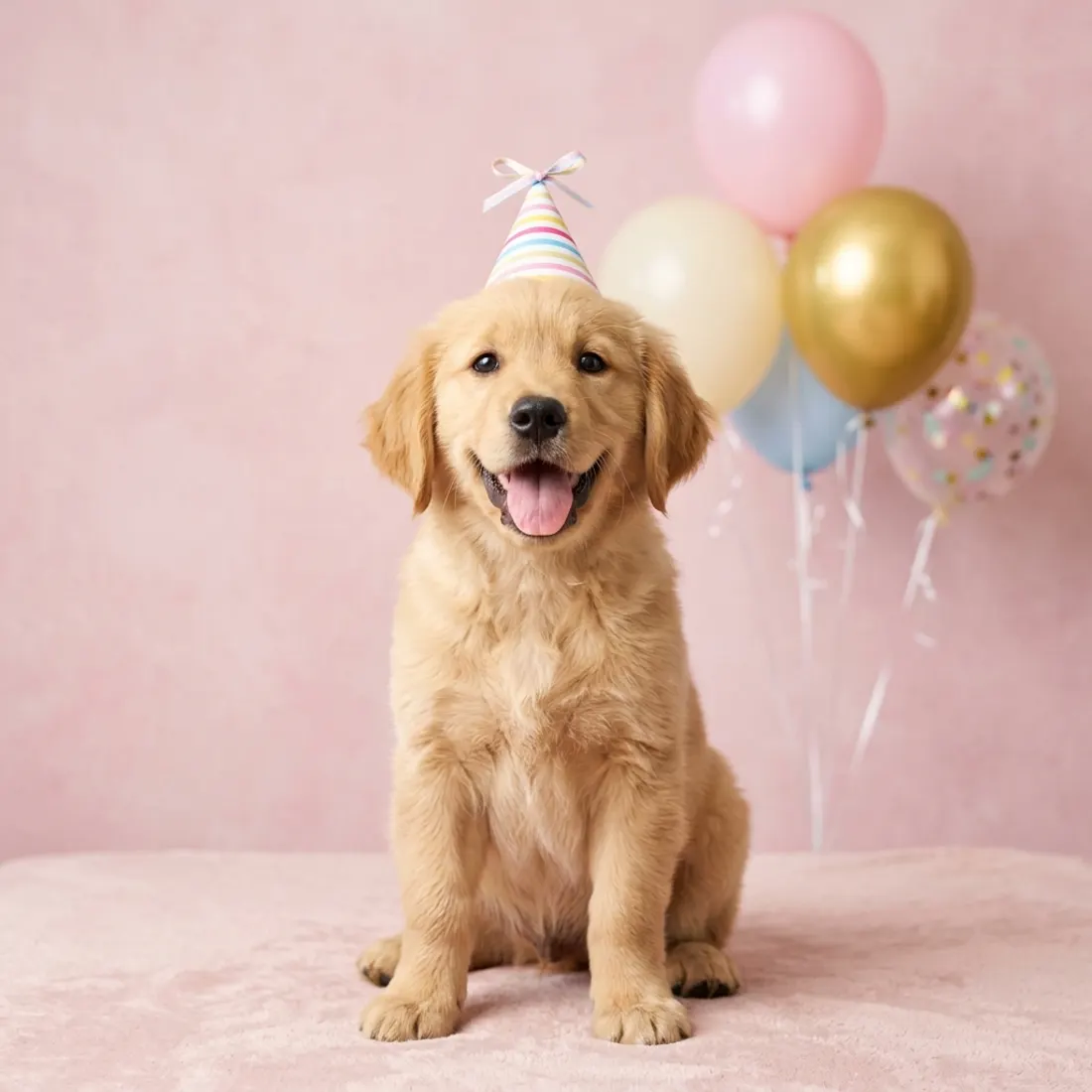 A golden retriever puppy wearing a striped party hat against a pastel pink background.