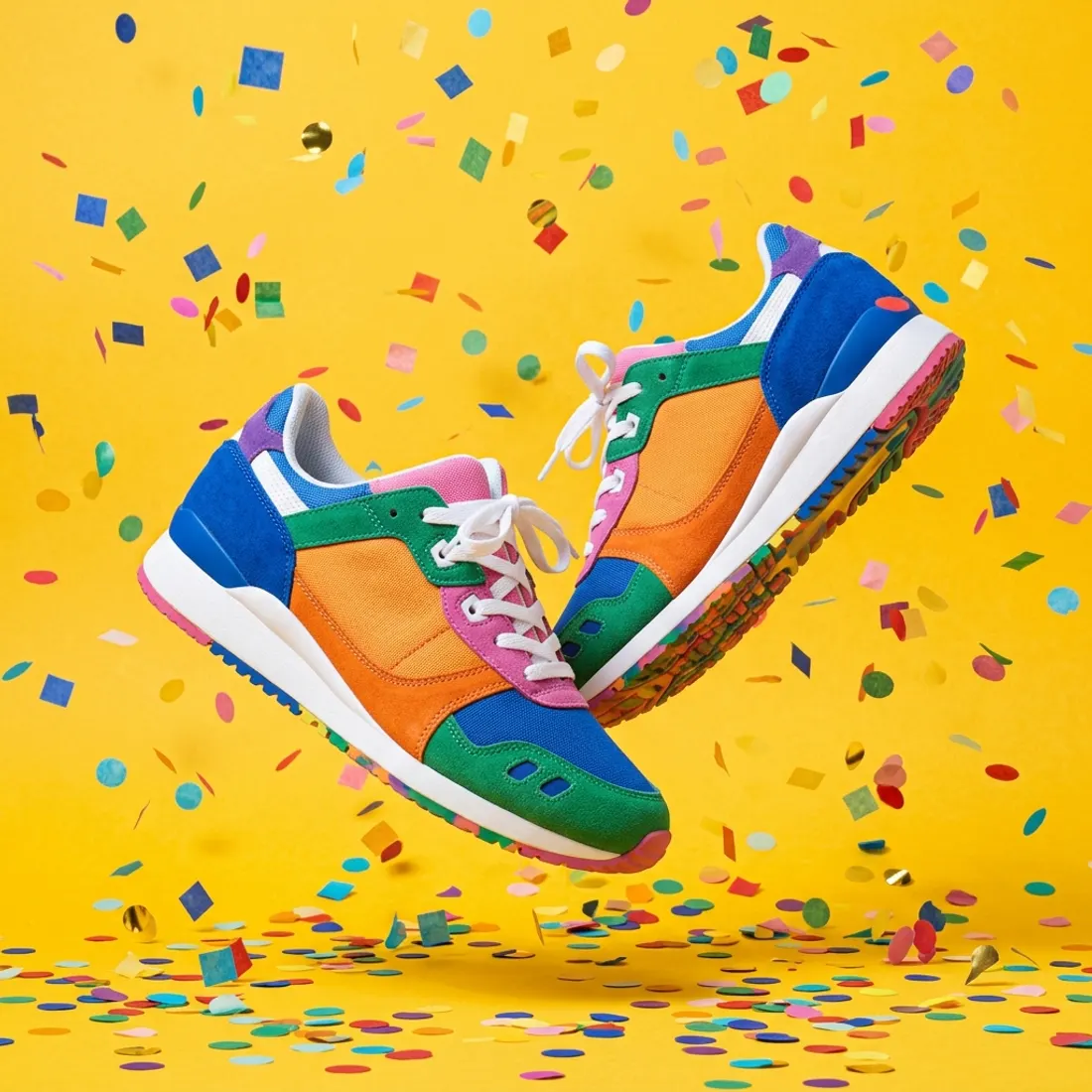 A pair of colorful sneakers with no logos floating over a yellow background with confetti.